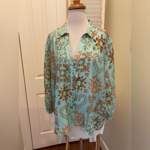 Johnny Was Turquoise and Orange Patterned Button Down Shirt